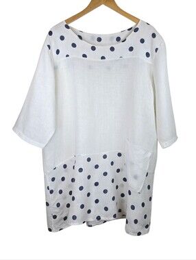 Made in Italy 100% Linen Tunic Top Sz L/XL Polka Dot Lagenlook Oversized Artsy
